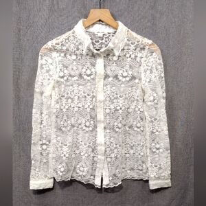 Ultra Pink Floral Lace Sheer Button Shirt Womens S White Boho Retro 90s Y2K